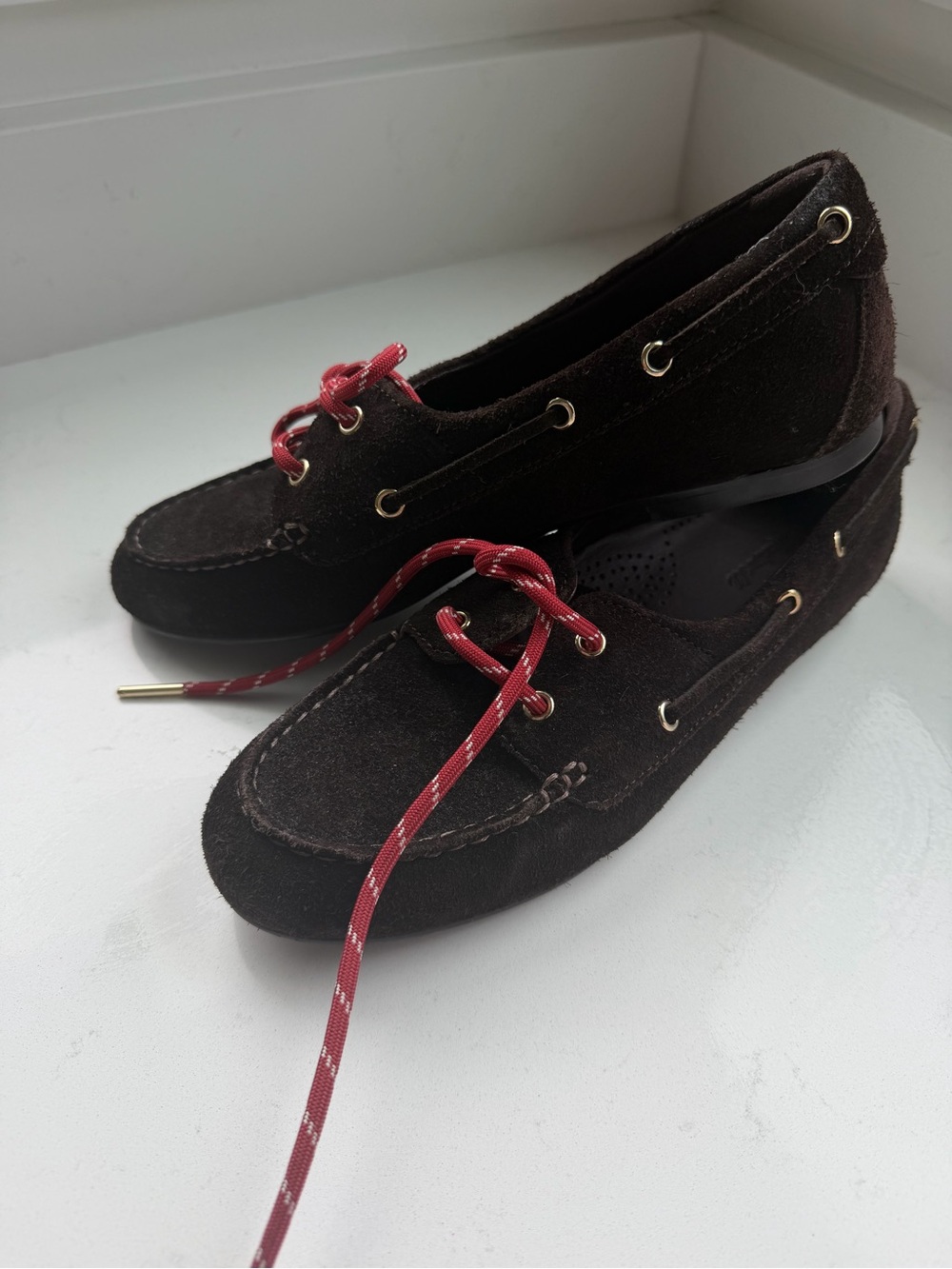 Madewell Dark Brown Suede Moccasins with Red Laces